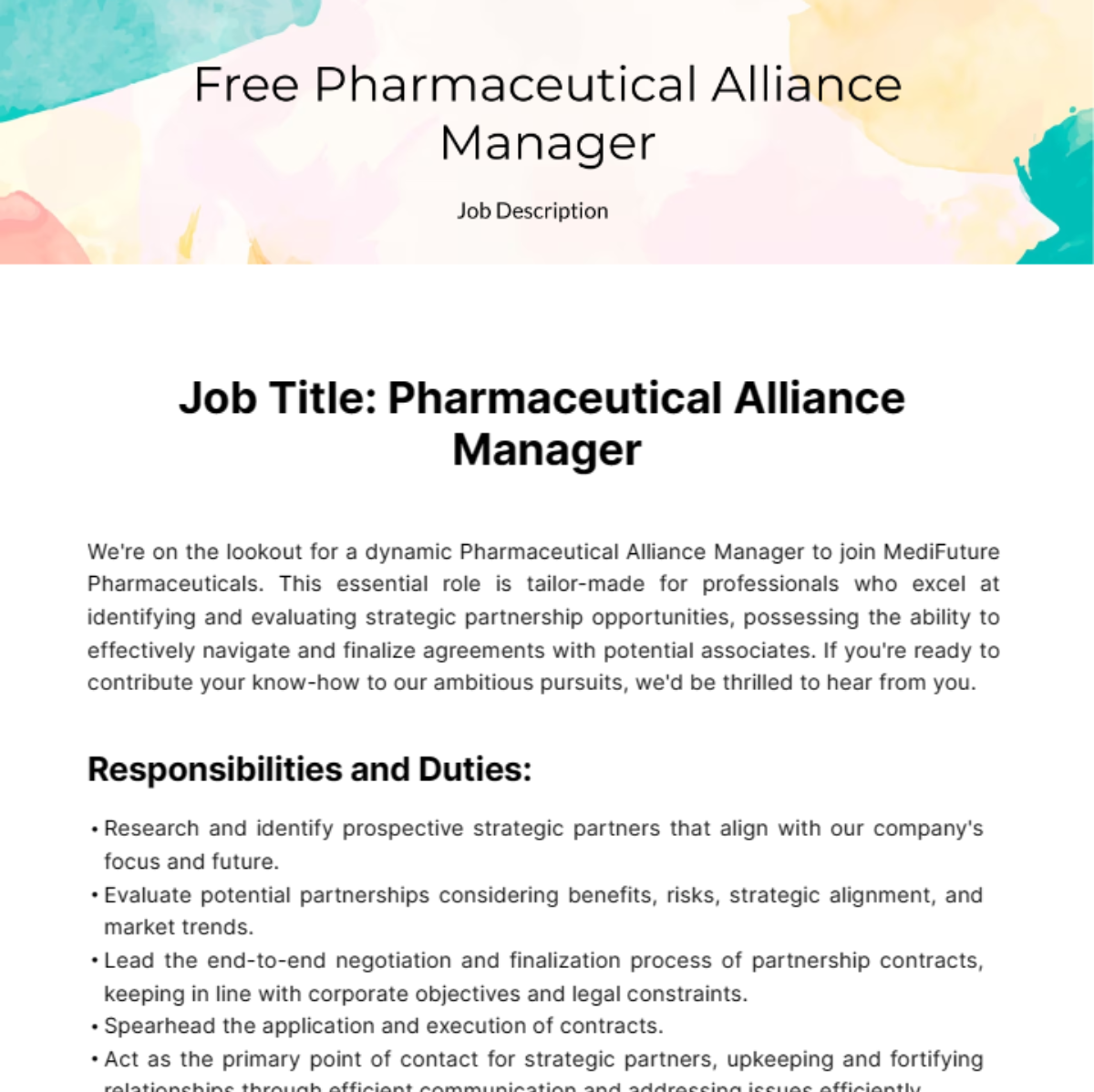 Free Pharmaceutical Alliance Manager Job Description Template