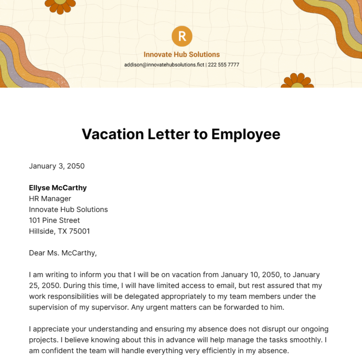 Vacation Letter to Employee Template