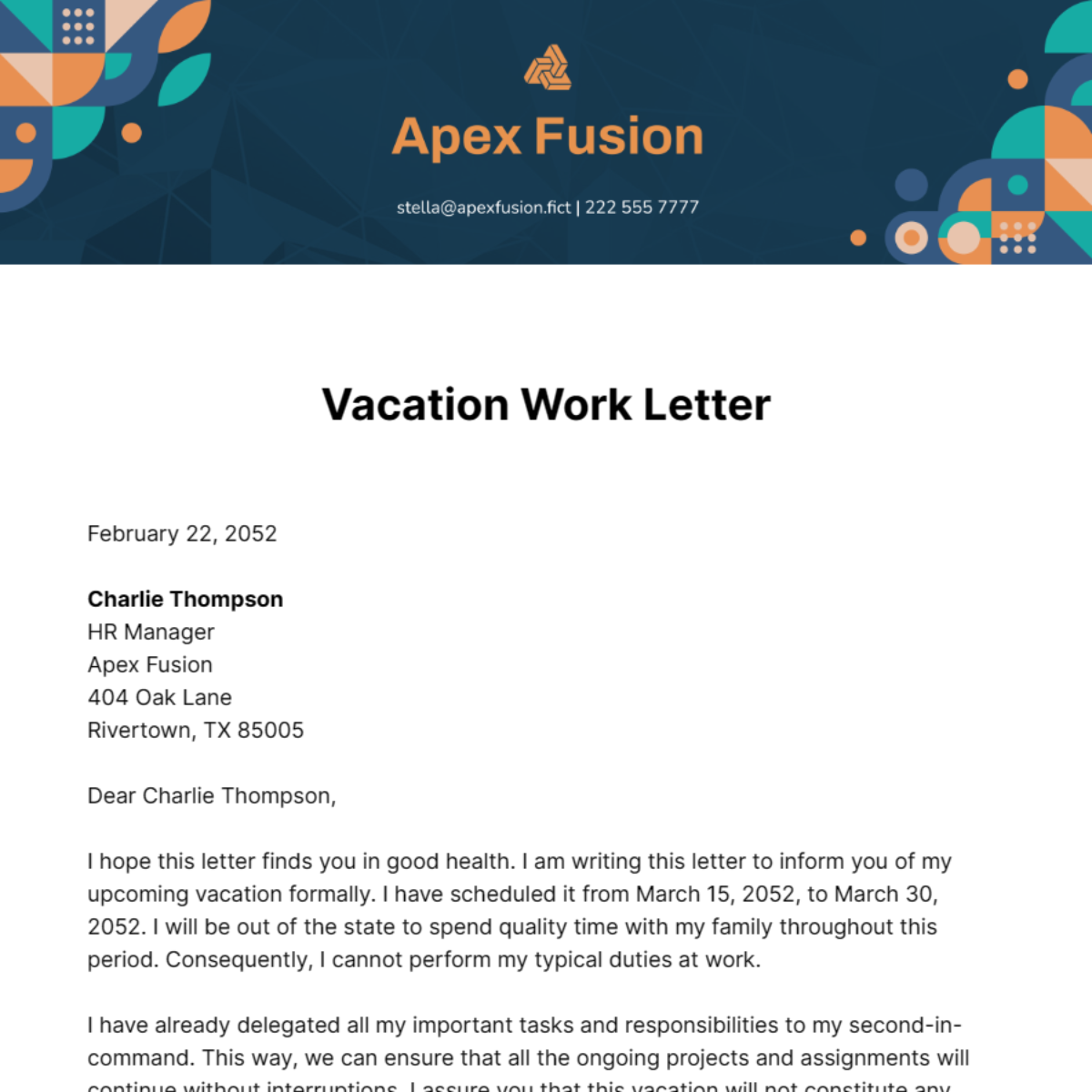 Vacation Work Letter Template
