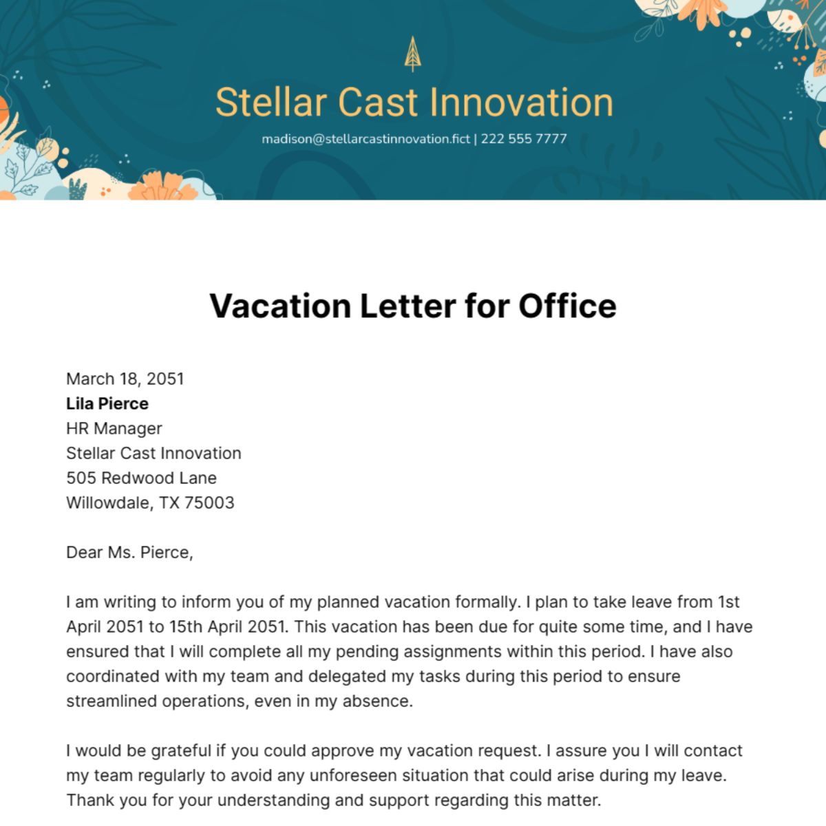 Vacation Letter for Office Template