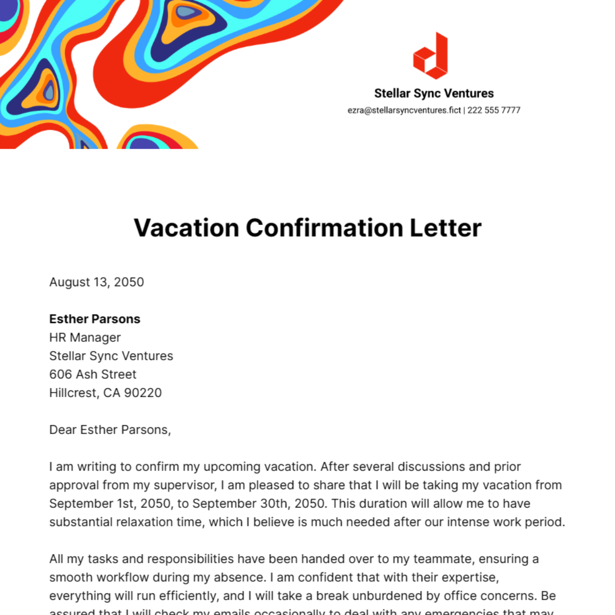 Vacation Confirmation Letter Template