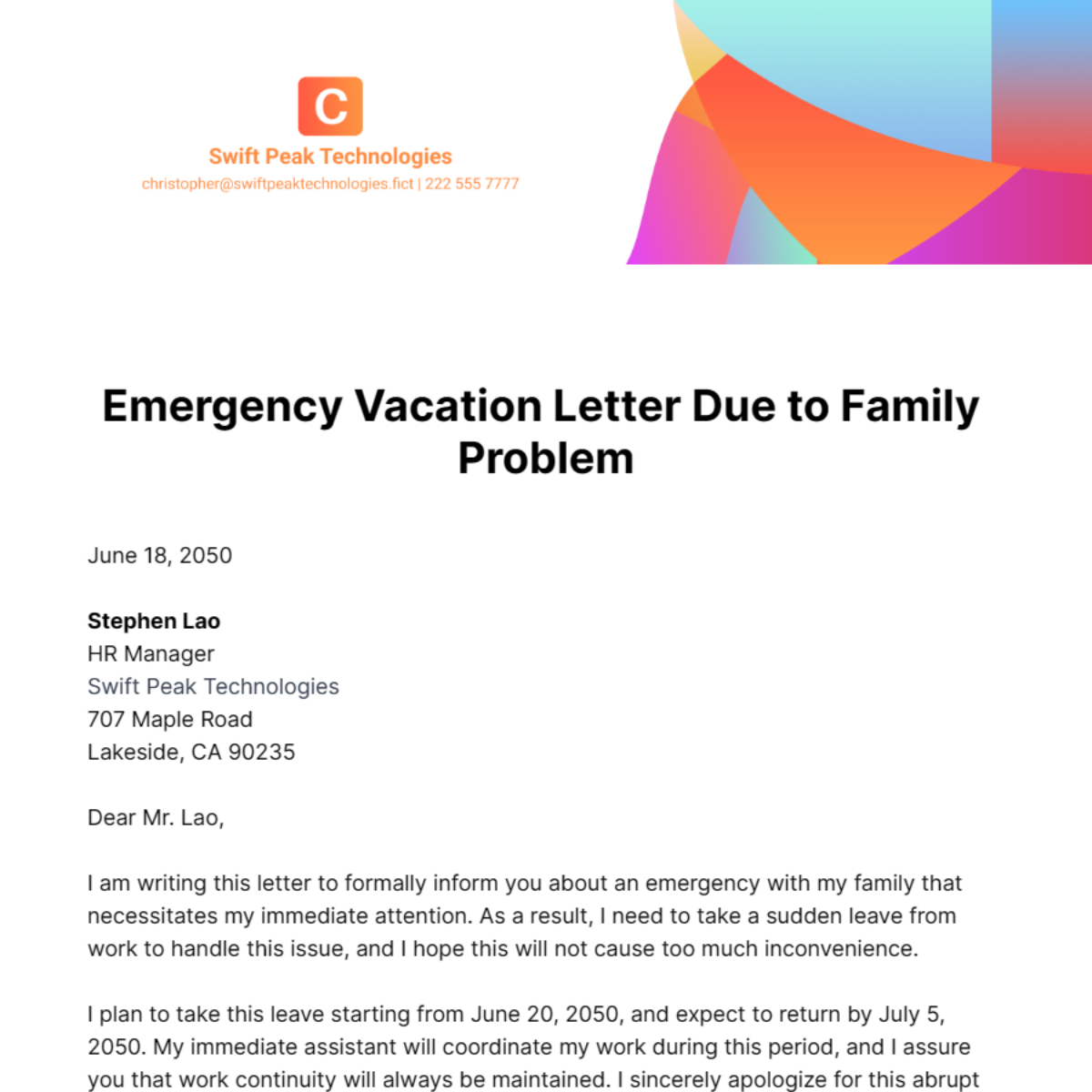 Emergency Vacation Letter Due to Family Problem Template