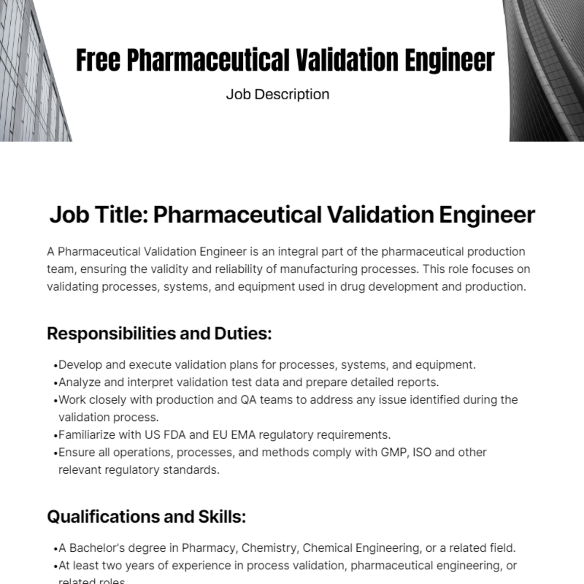 Free Pharmaceutical Validation Engineer Job Description Template