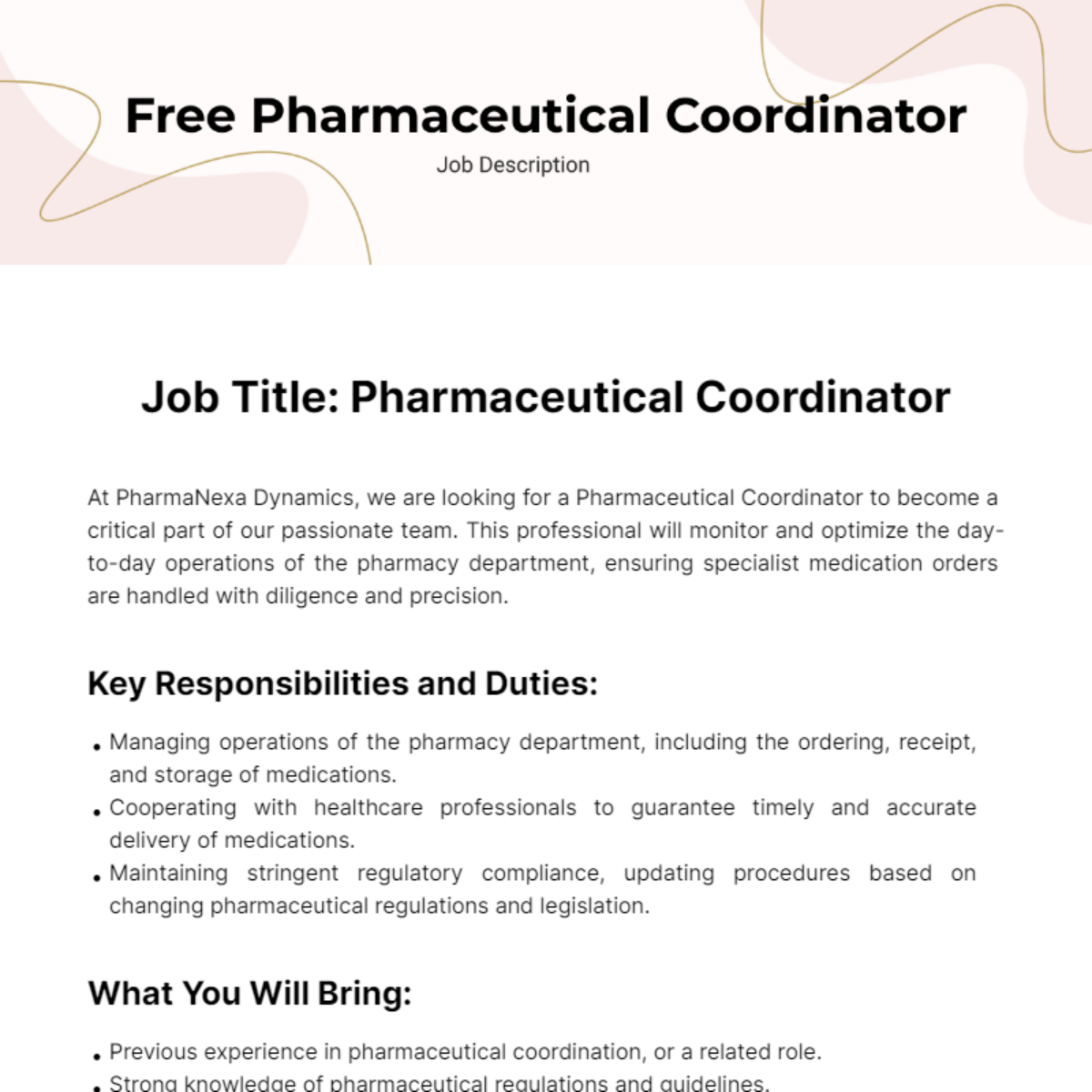 Free Pharmaceutical Coordinator Job Description Template