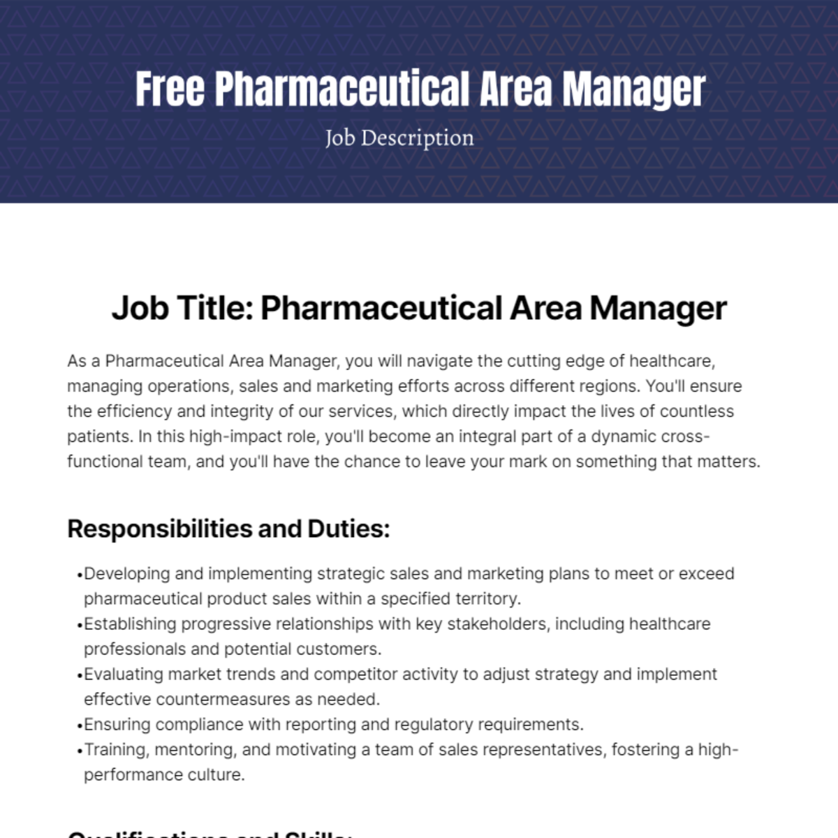 Free Pharmaceutical Area Manager Job Description Template