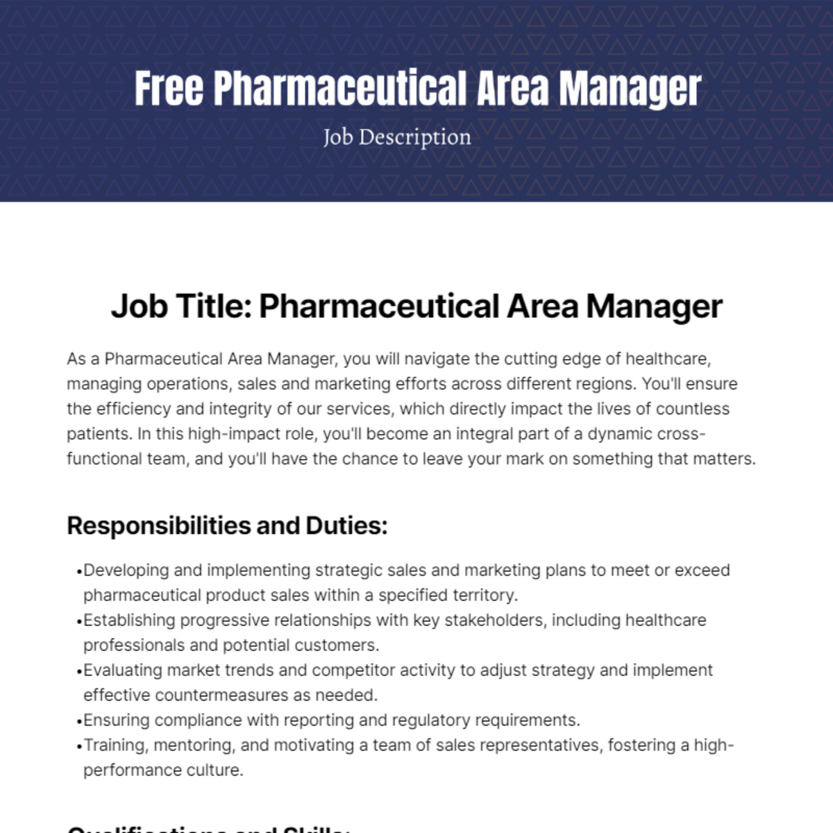 Pharmaceutical Area Manager Job Description Template Edit Online 