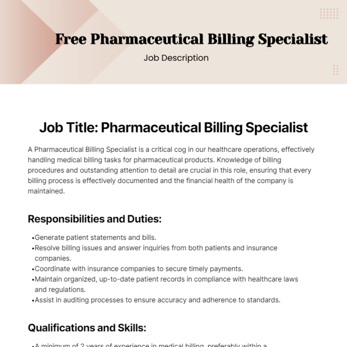 Free Pharmaceutical Billing Job Description Template