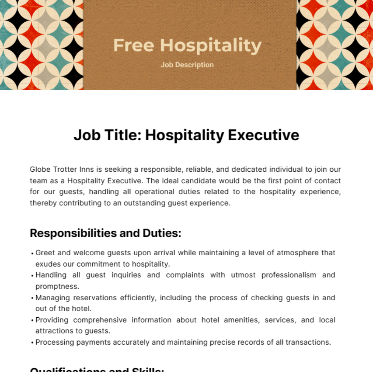 Hospitality Job Description Template