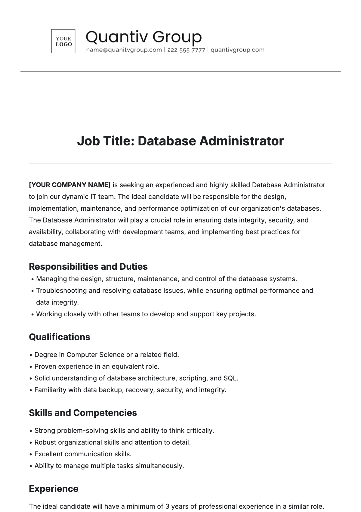 Database Administrator Job Description Template - Edit Online & Download