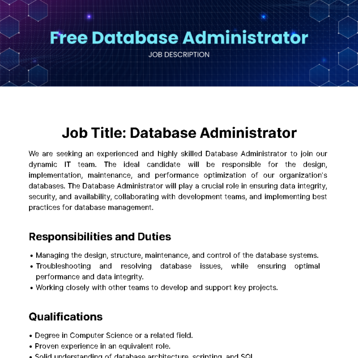 Free Database Administrator Job Description