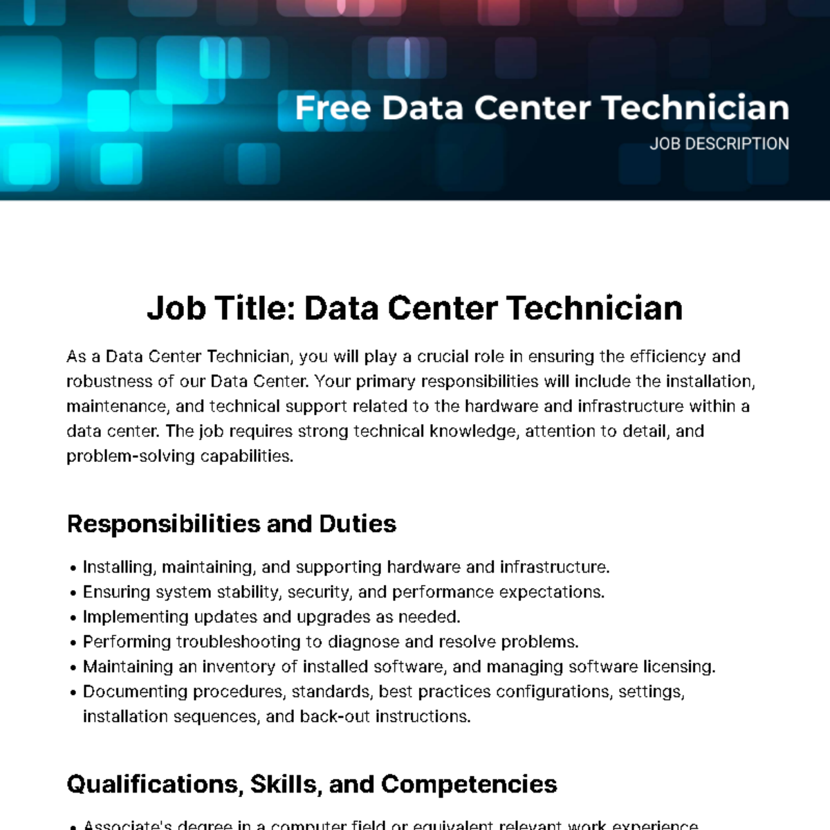 Free Data Center Technician Job Description Template