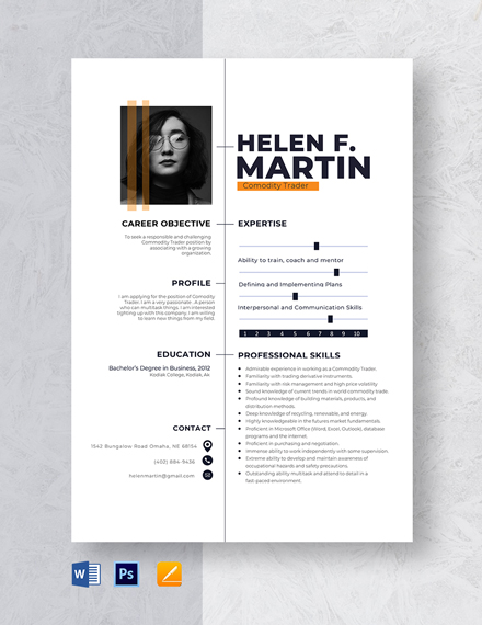 Commodity Trader Resume Template - Word, Apple Pages, PSD