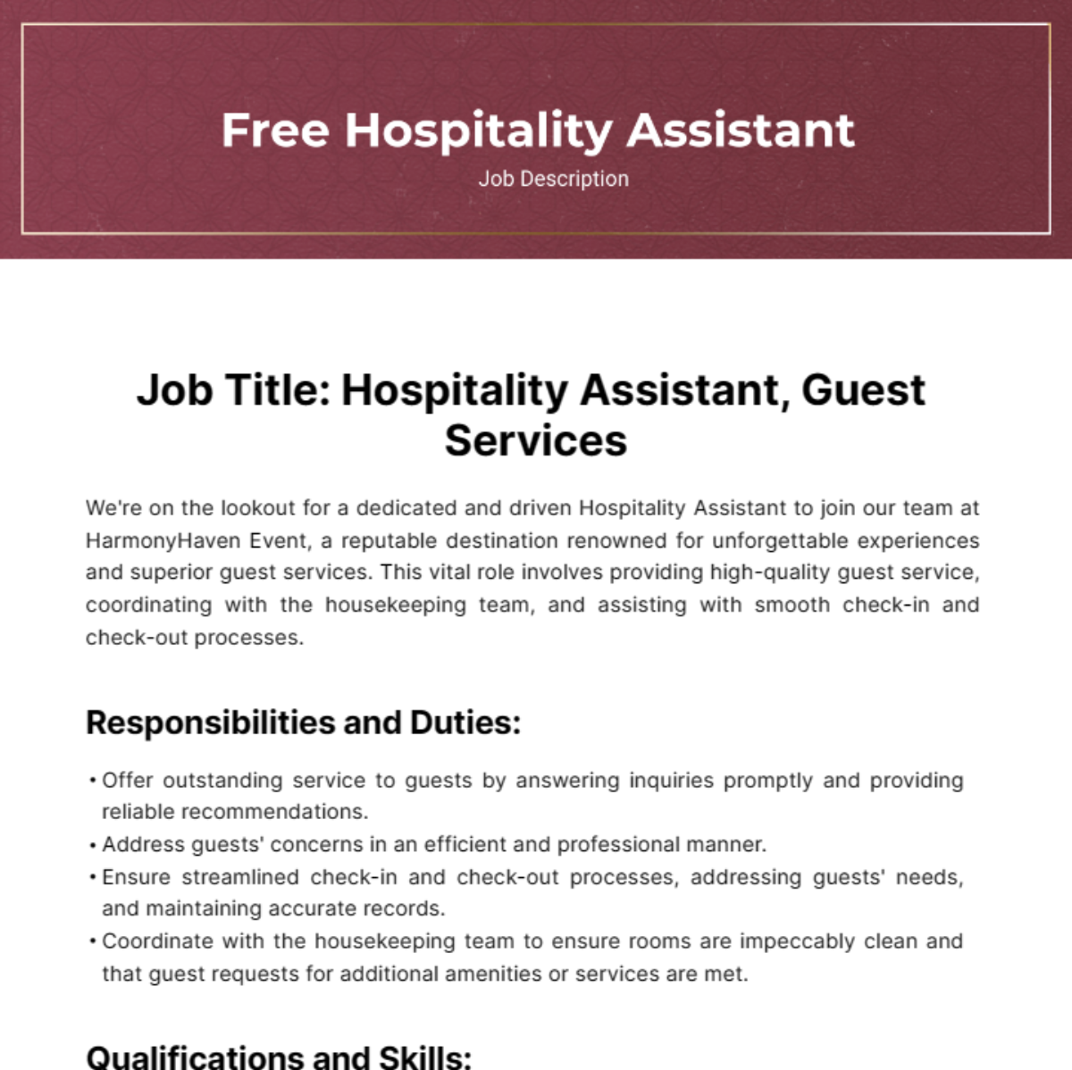 Free Hospitality Assistant Job Description Template
