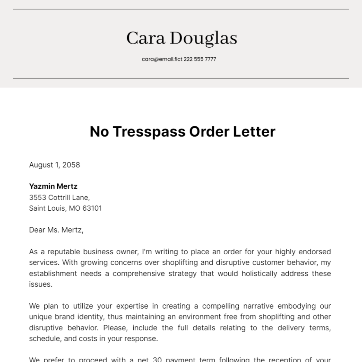 Free No Trespass Order Letter Template