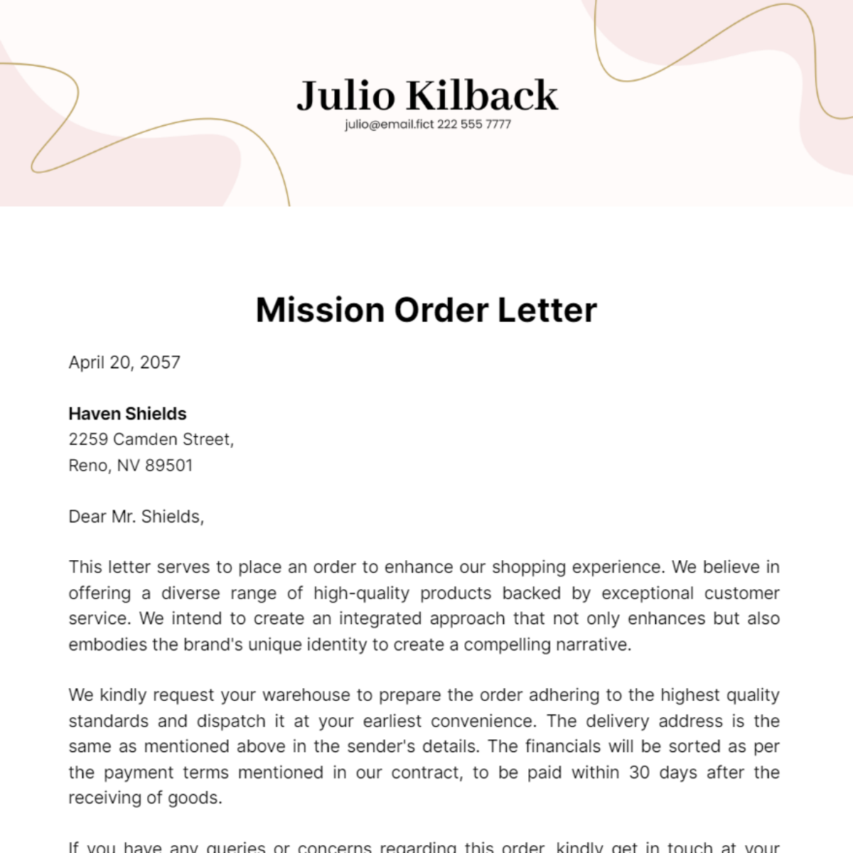Mission Order Letter Template