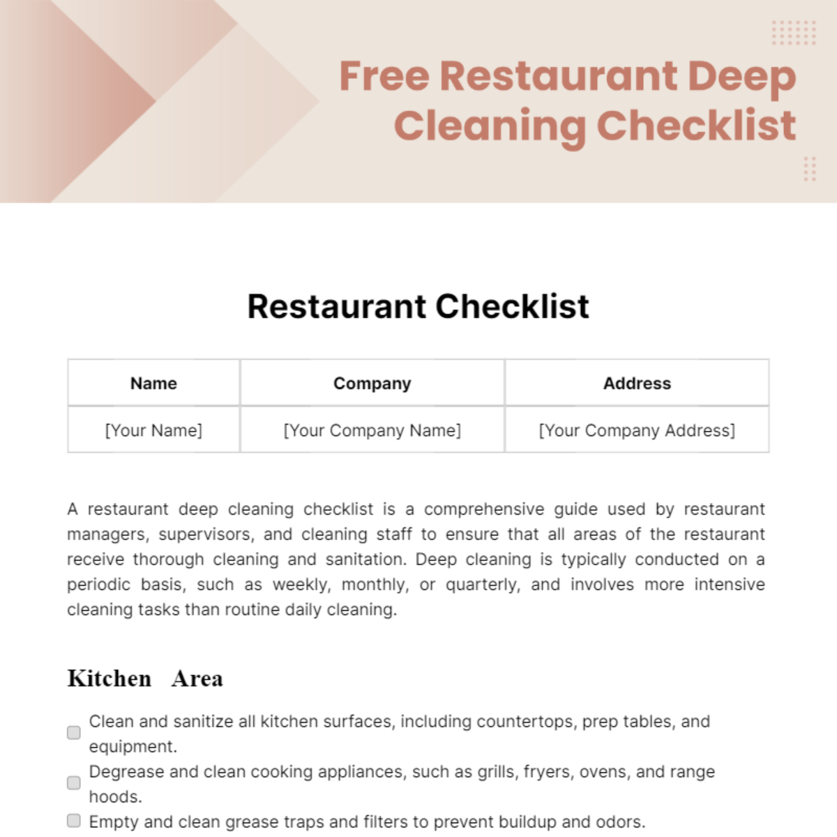 Restaurant Deep Cleaning Checklist Template