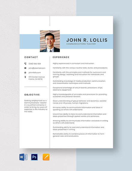 Communications Teacher Resume Template - Word, Apple Pages, PSD