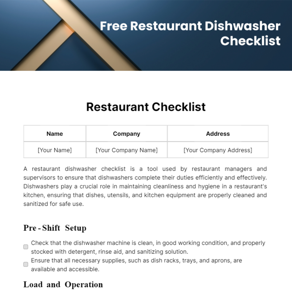 Restaurant Dishwasher Checklist Template
