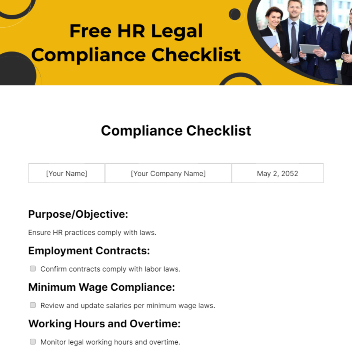 HR Legal Compliance Checklist Template