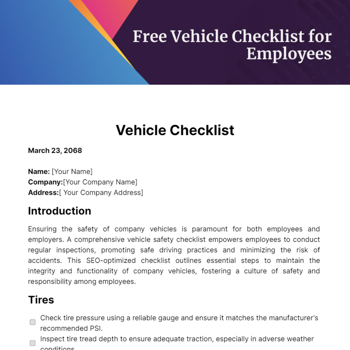 Free Vehicle Checklist for Employees Template