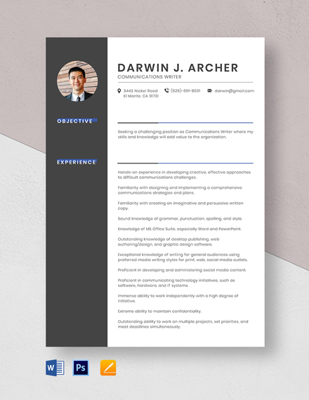 Communications Writer Resume Template - Word, Apple Pages, PSD