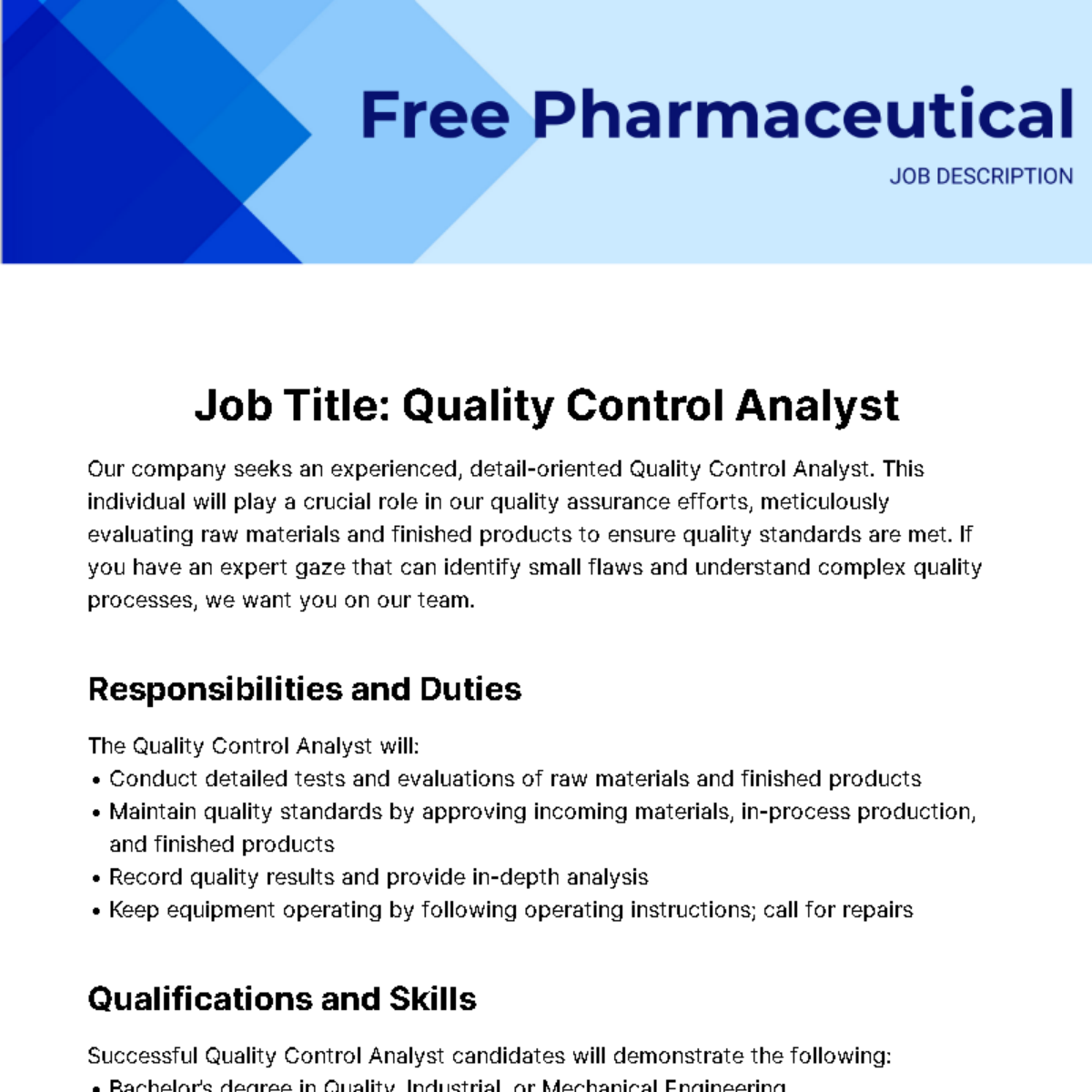 Free Pharmaceutical Job Description Template