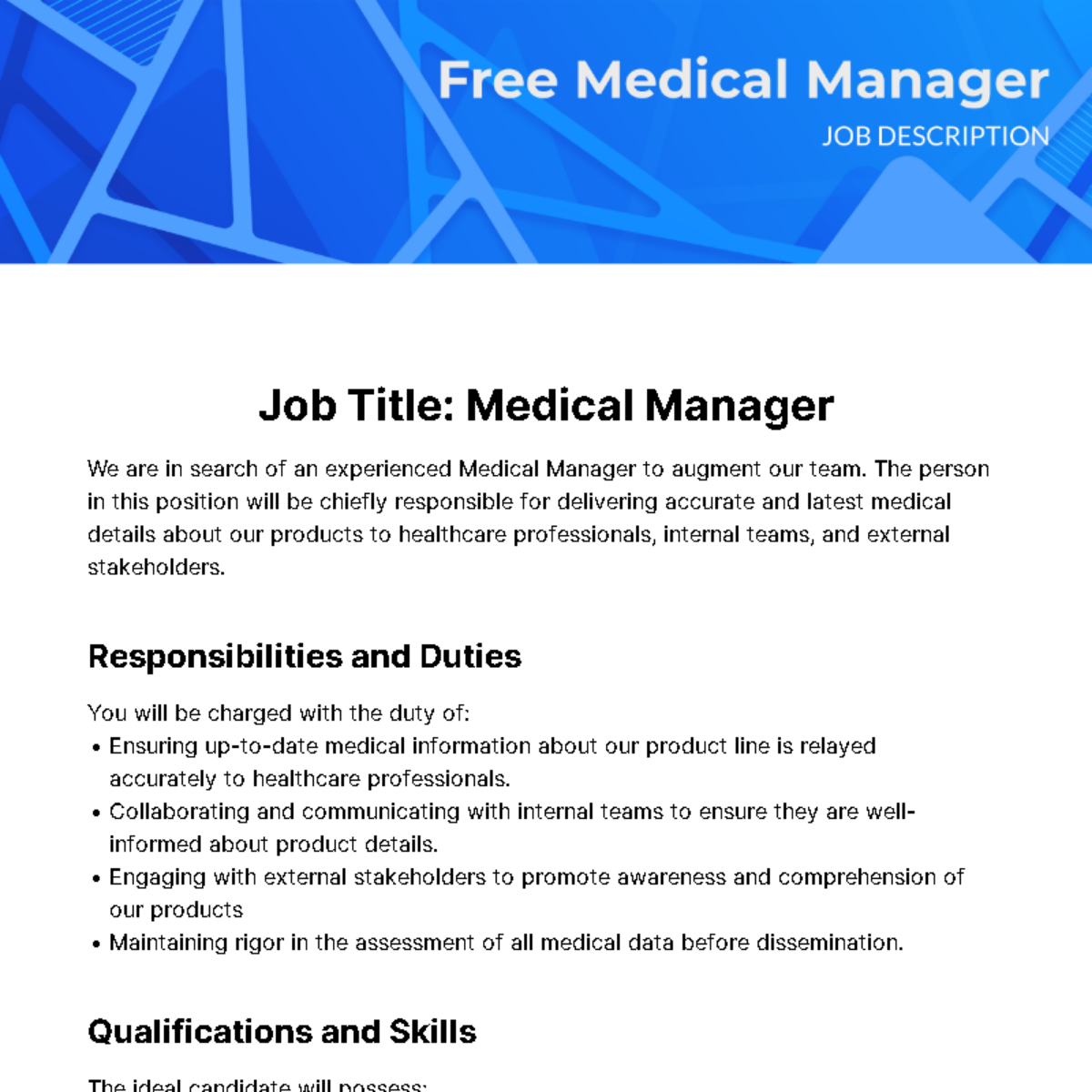 Free Medical Manager Job Description Template