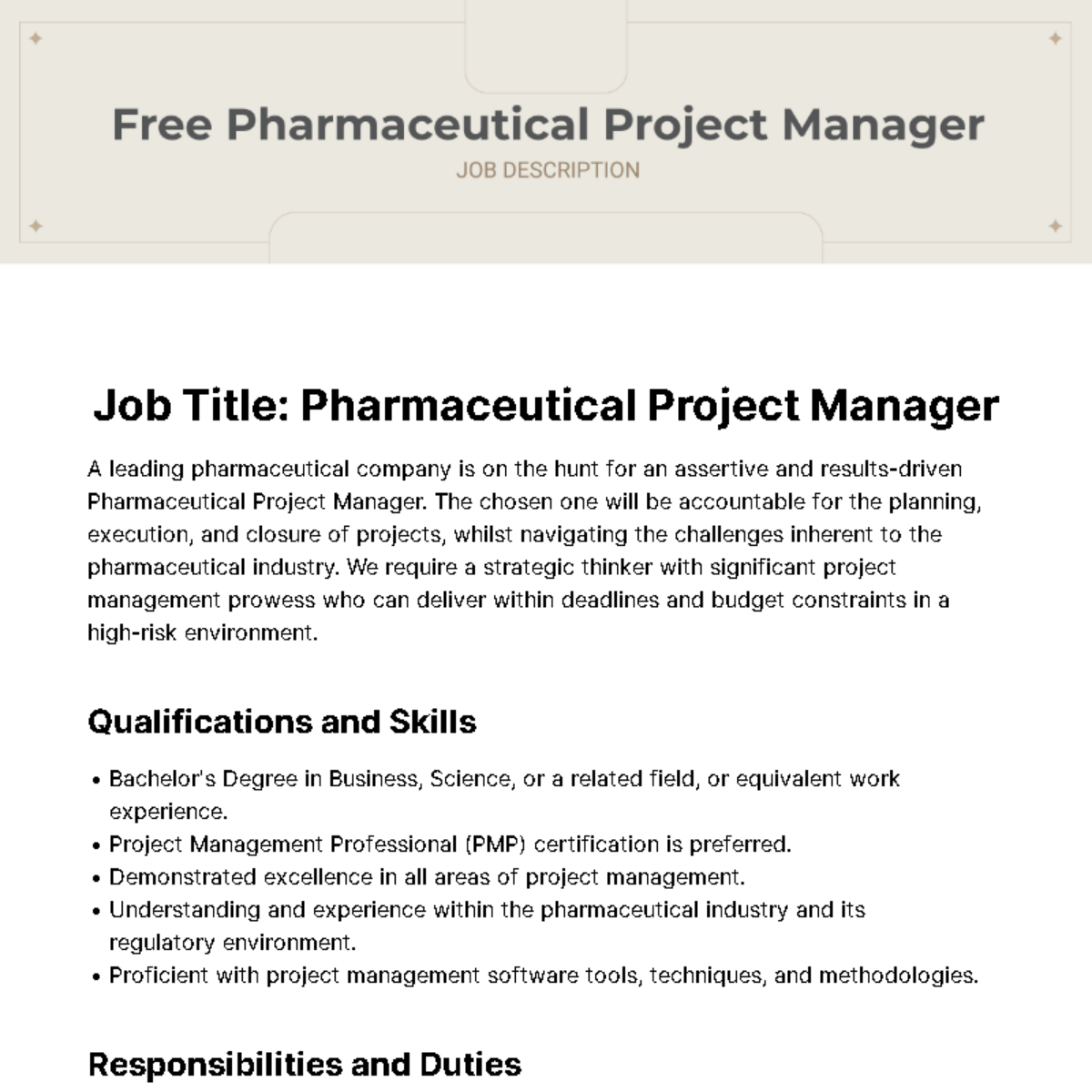 Free Pharmaceutical Project Manager Job Description Template