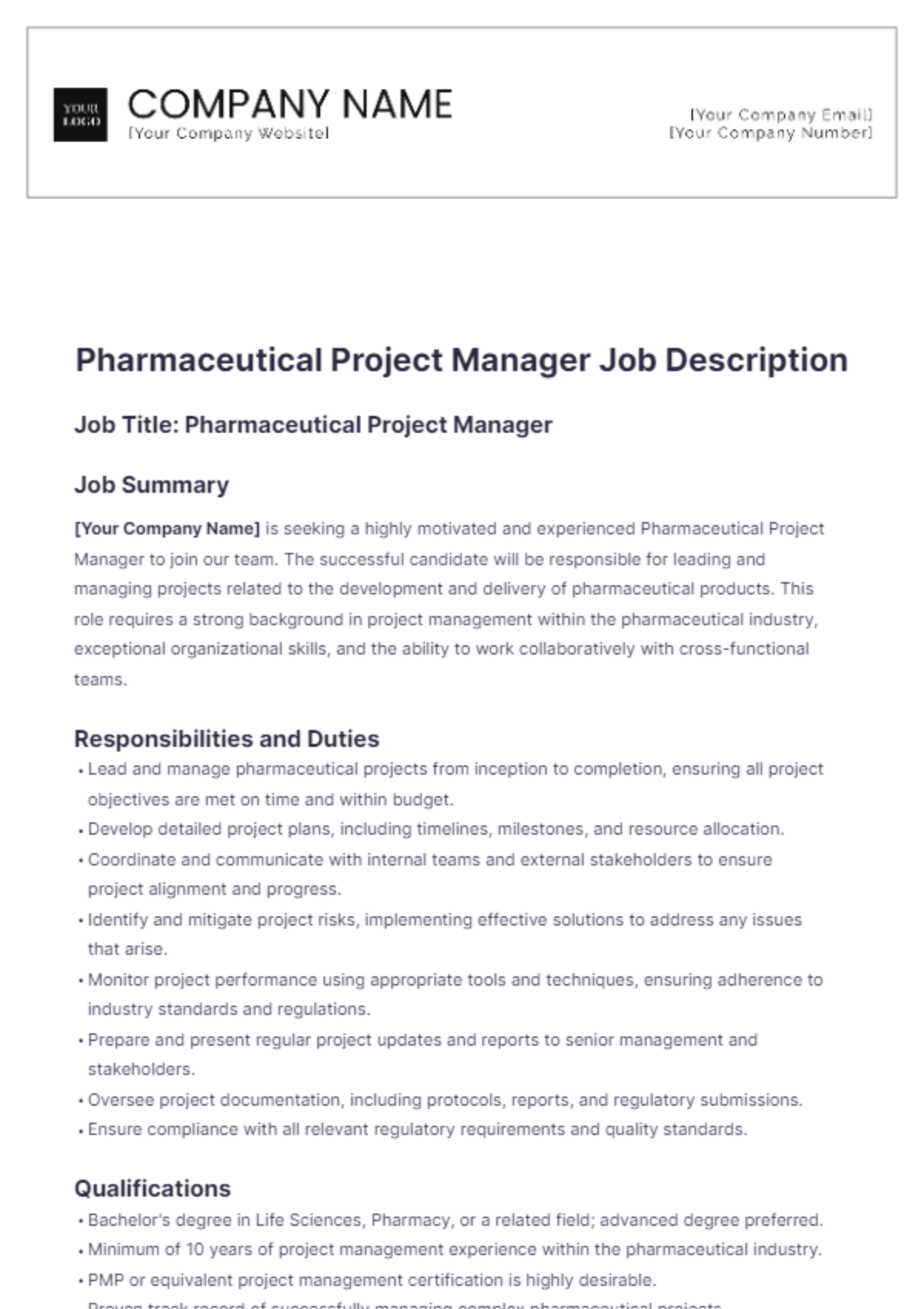 Pharmaceutical Project Manager Job Description