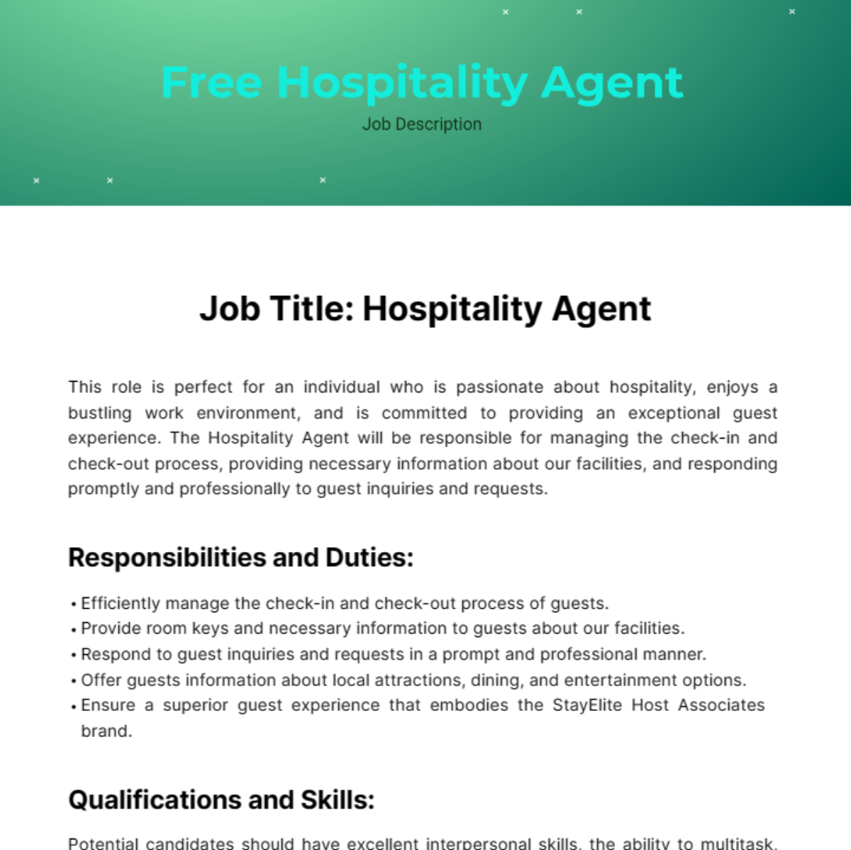 Free Hospitality Agent Job Description Template