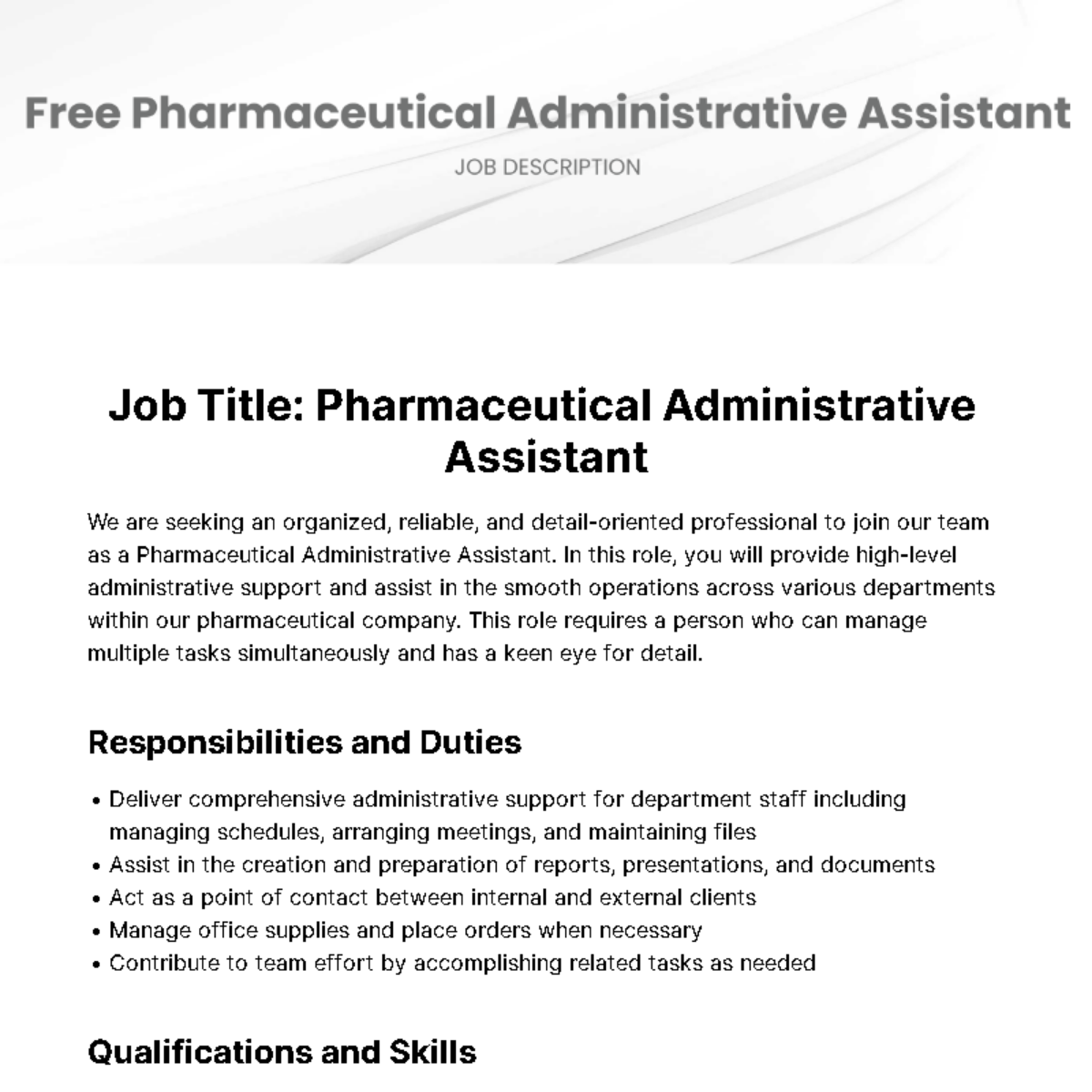 Free Pharmaceutical Administrative Assistant Job Description Template