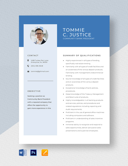 Community Bank President Resume Template - Word, Apple Pages, PSD