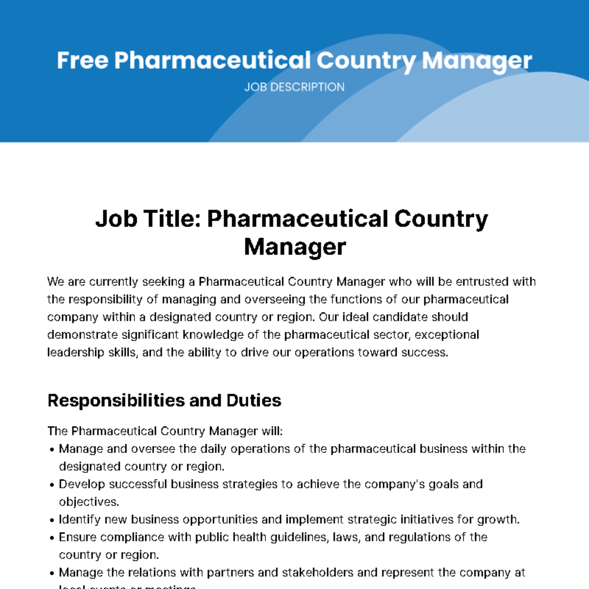 Free Pharmaceutical Country Manager Job Description Template