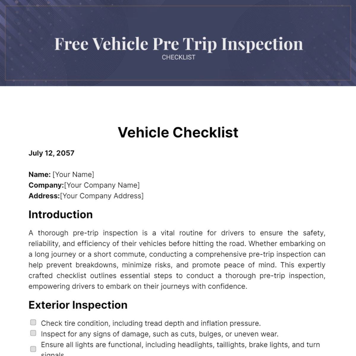 Free Vehicle Pre Trip Inspection Checklist Template