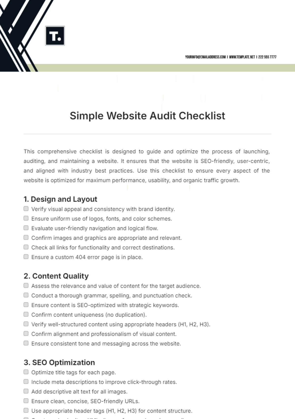 Simple Website Audit Checklist Template - Edit Online & Download