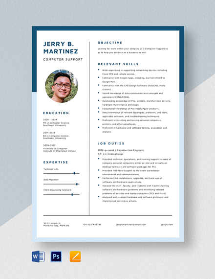 Computer Support Resume Template - Word, Apple Pages, PSD