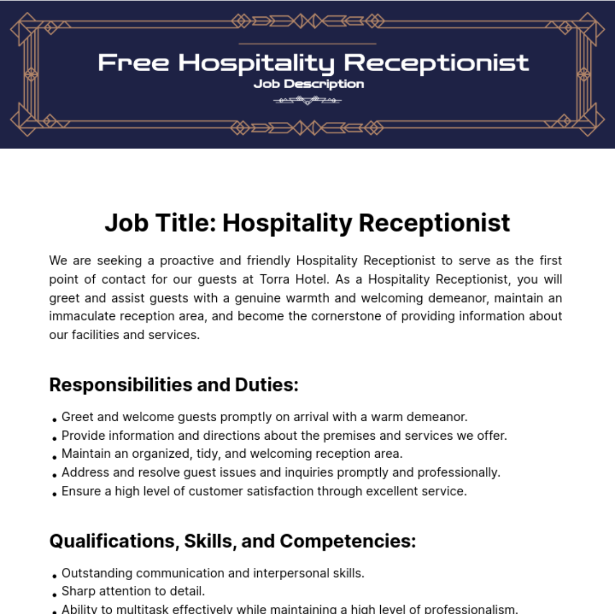 Free Hospitality Receptionist Job Description Template
