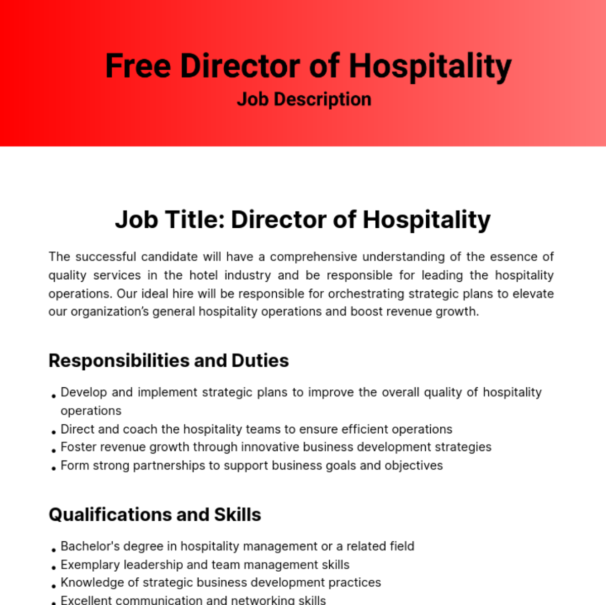 Director of Hospitality Job Description Template - Edit Online & Download