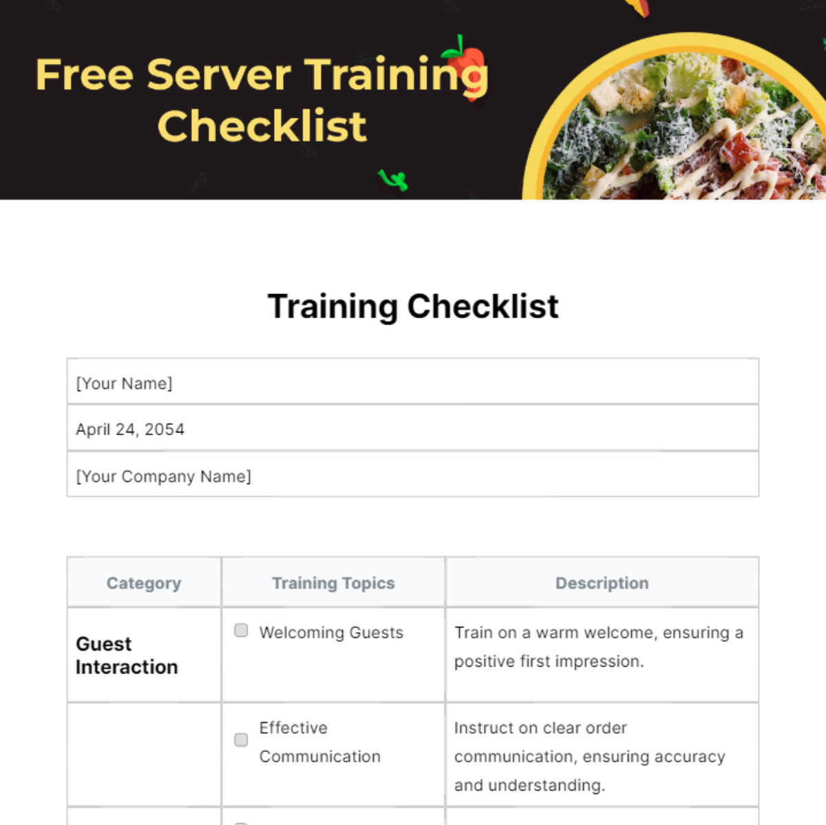 Free Server Training Checklist Template