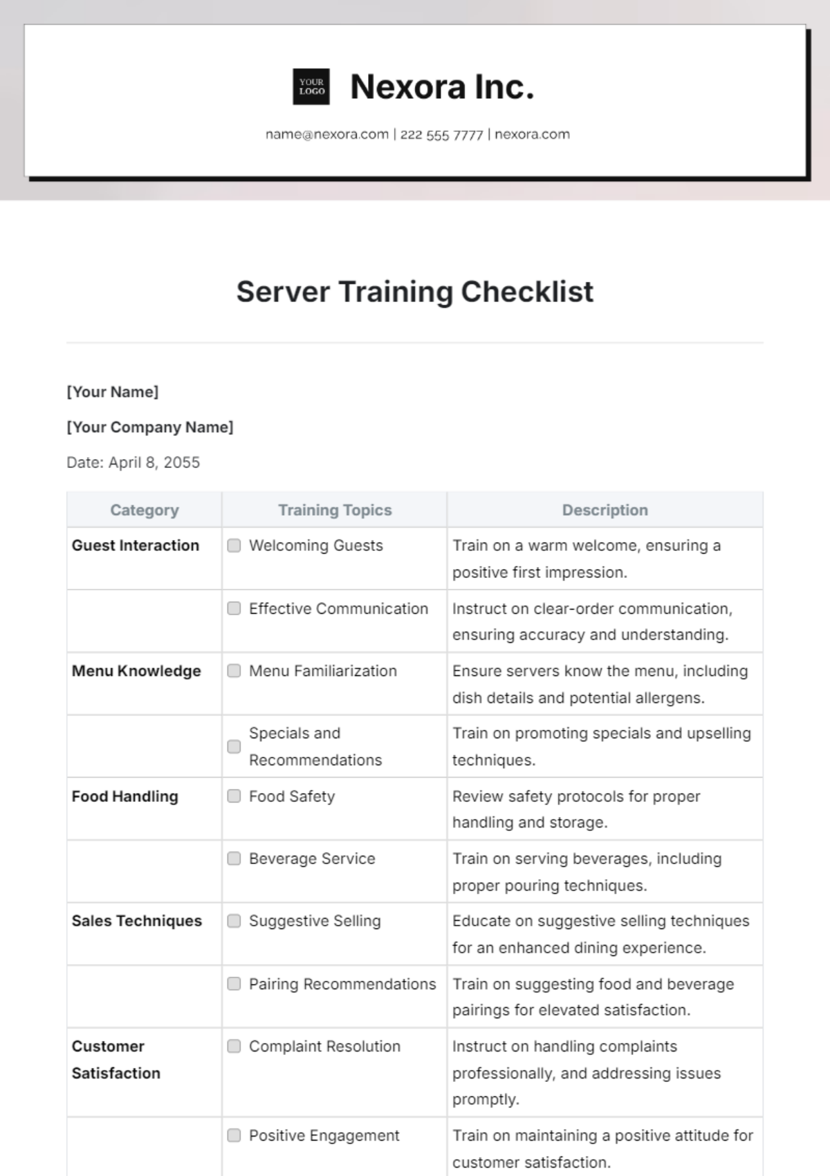 Server Training Checklist Template - Edit Online & Download