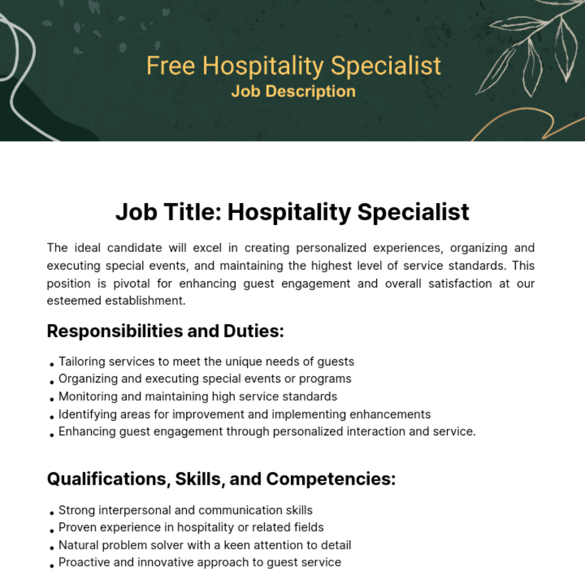 Hospitality Specialist Job Description Template