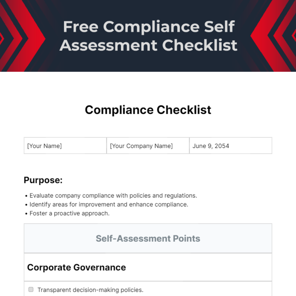 Compliance Self Assessment Checklist Template