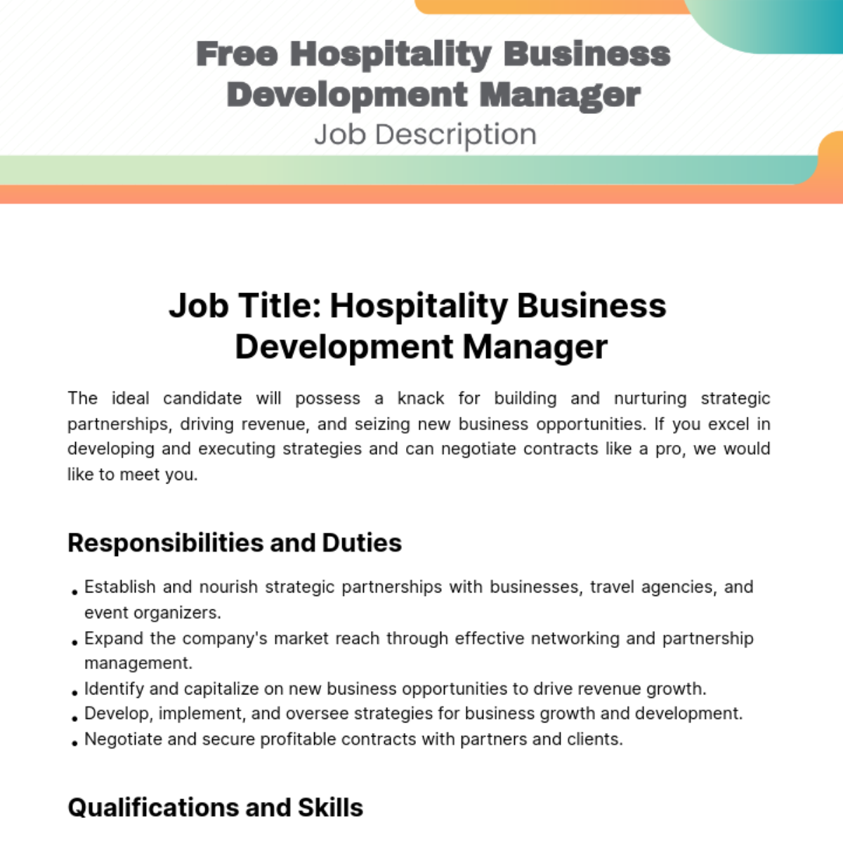 Hospitality Business Development Manager Job Description Template