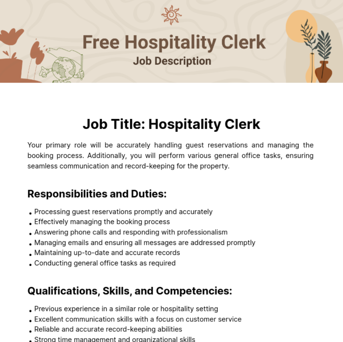 Free Hospitality Clerk Job Description Template