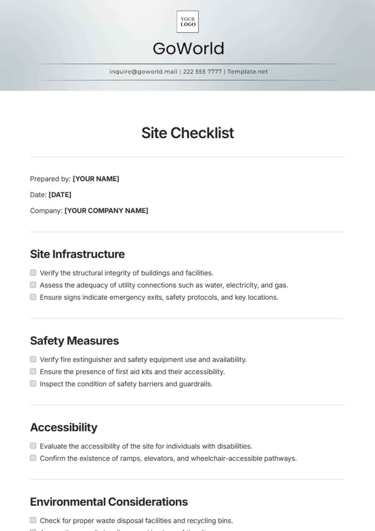 Site Checklist Template - Edit Online & Download