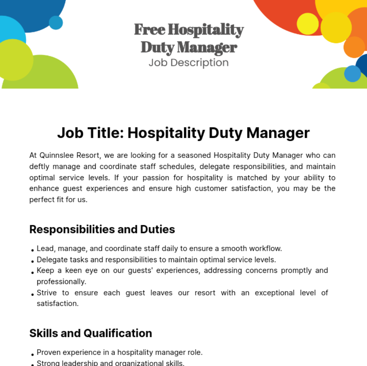 Hospitality Duty Manager Job Description Template