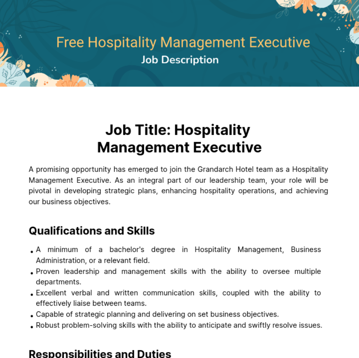Hospitality Management Executive Job Description Template