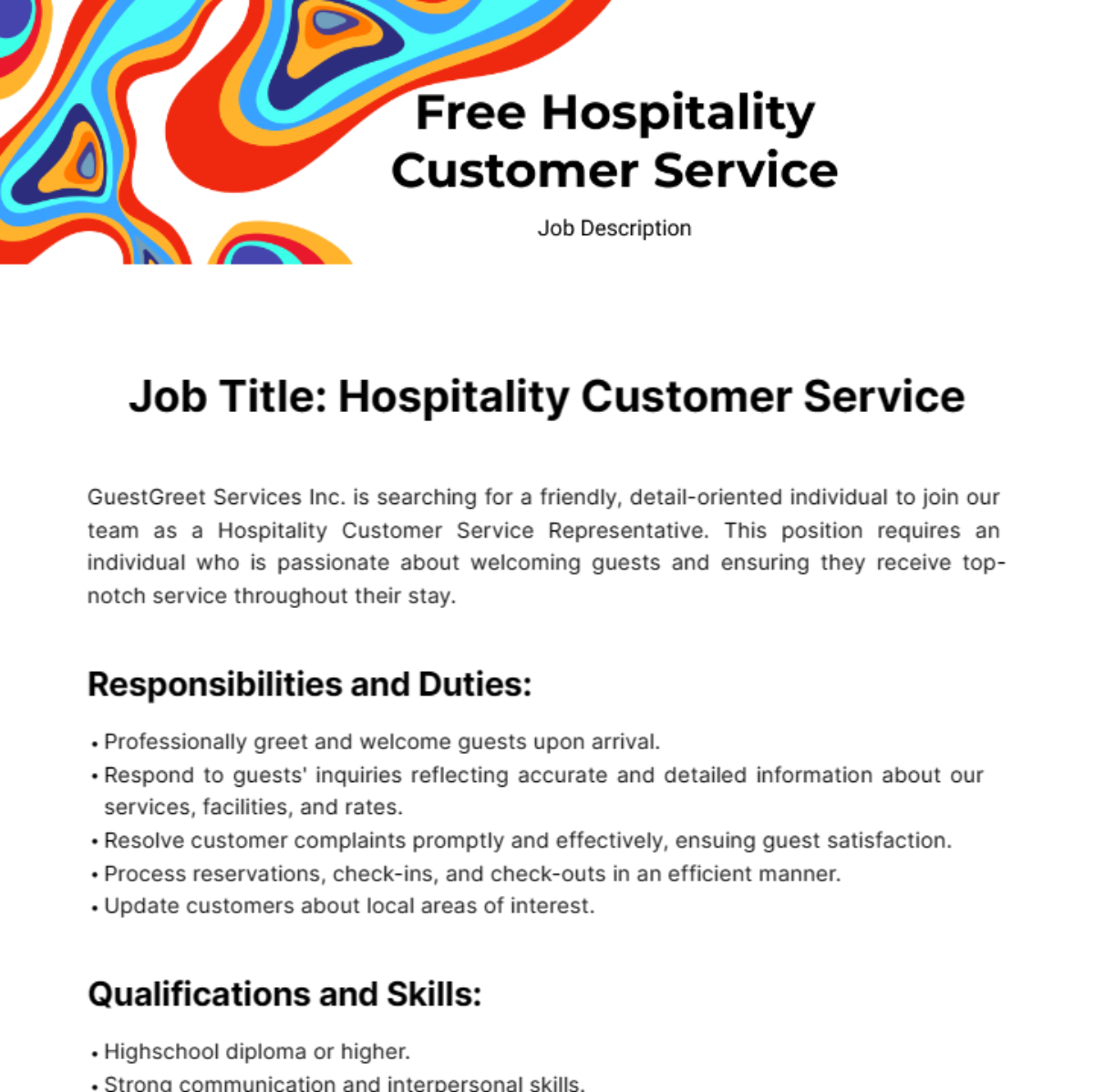 Hospitality Customer Service Job Description Template