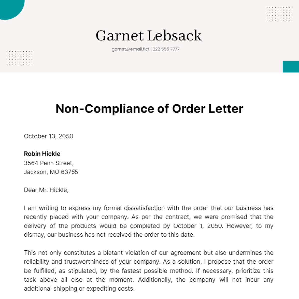 Non Compliance of Order Letter Template