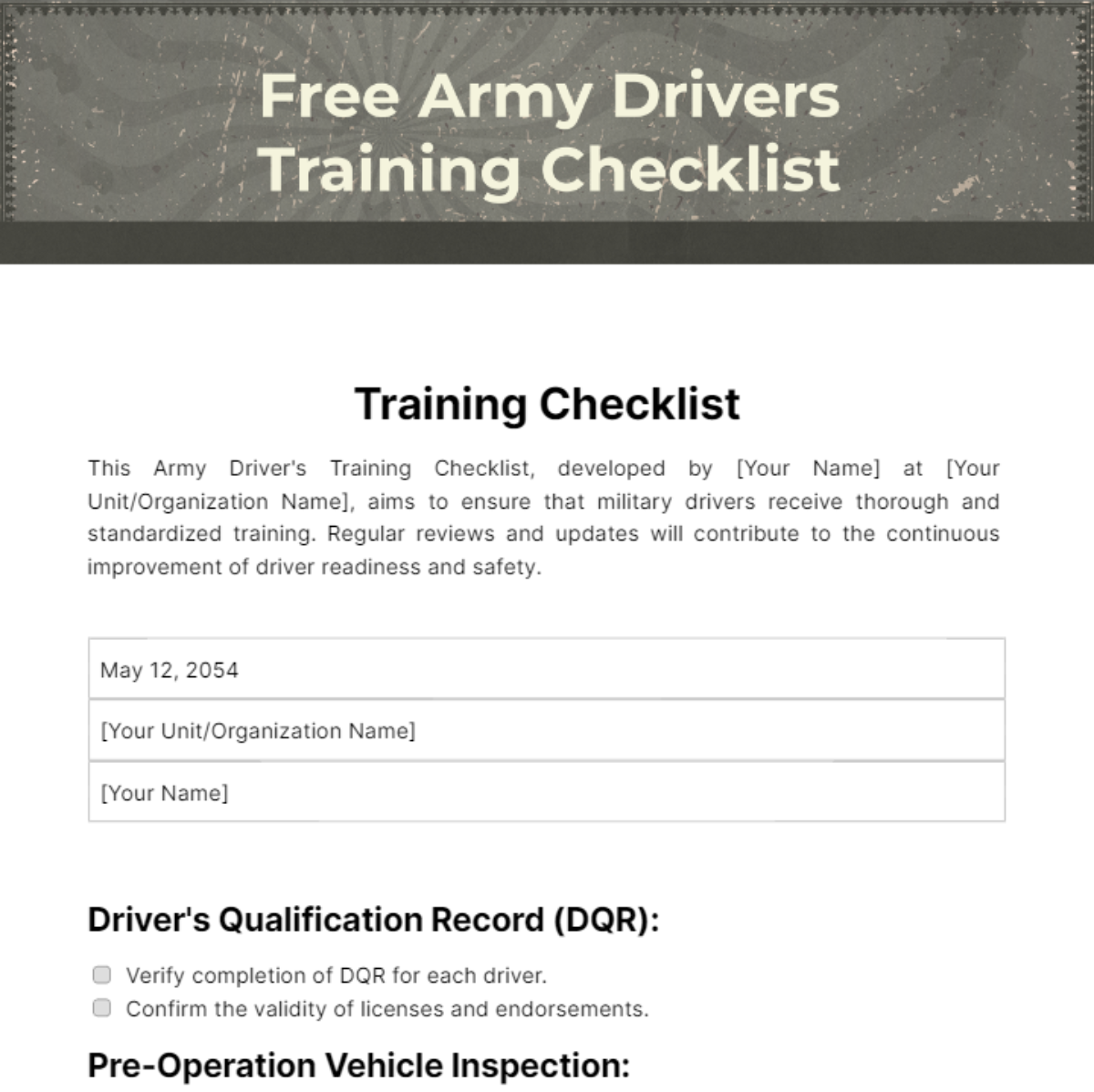 Free Army Drivers Training Checklist Template